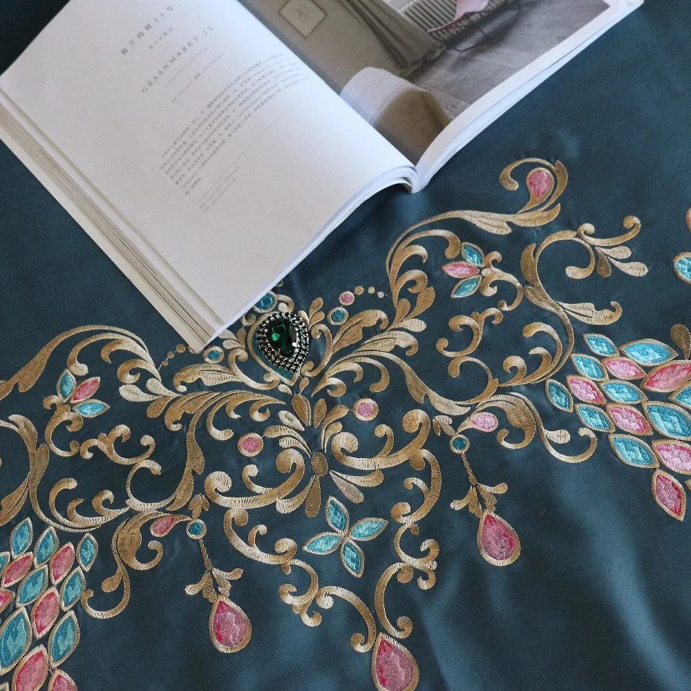 100% хлопок Синий Комплект постельного белья с вышивкой во дворцовом Королевском