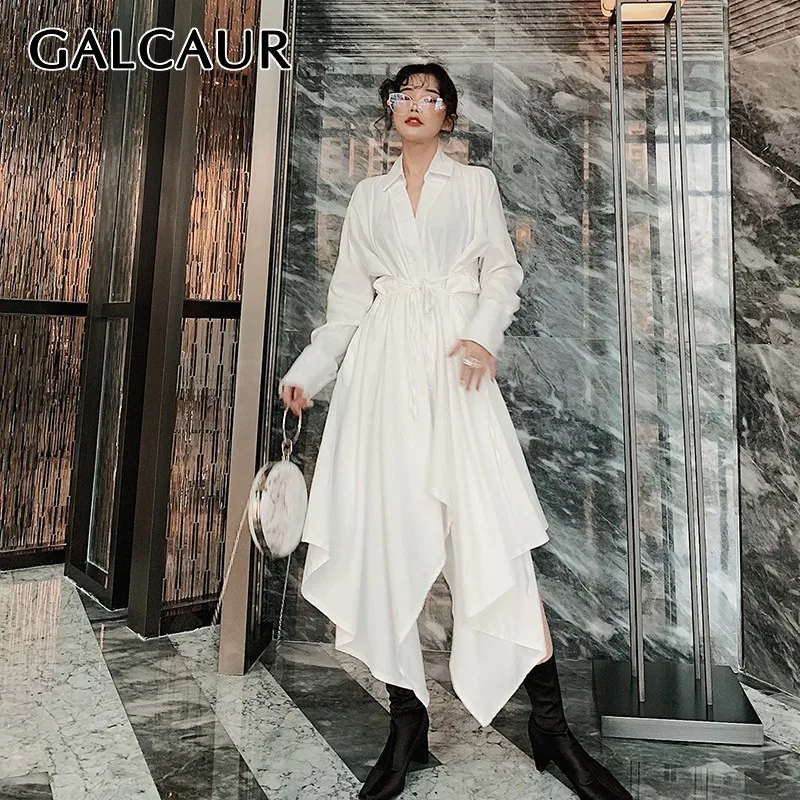 GALCAUR весеннее однотонное женское платье с отворотами и длинными рукавами высокой
