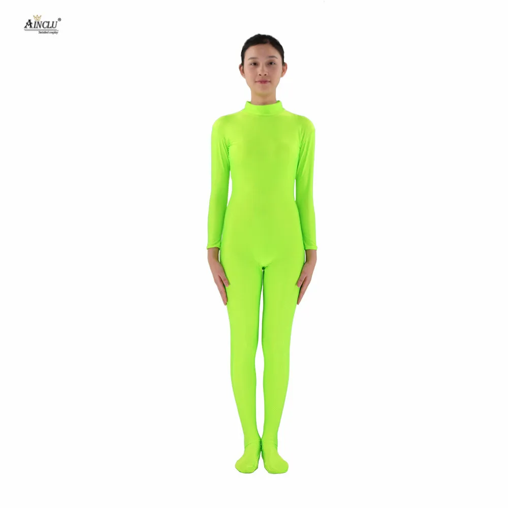 

Ainclu Women Spandex Fluorescent Green Skin-tight Headless Bare Hands Adults Dancewear Costume Hallween Bodysuit
