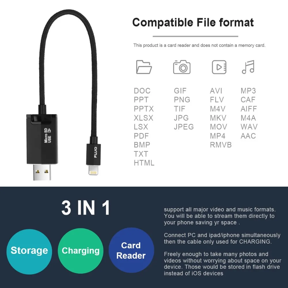 Новинка 2019 года 3 в 1 SD TF OTG Card Reader usb кабель с разъемом Lightning зарядное устройство