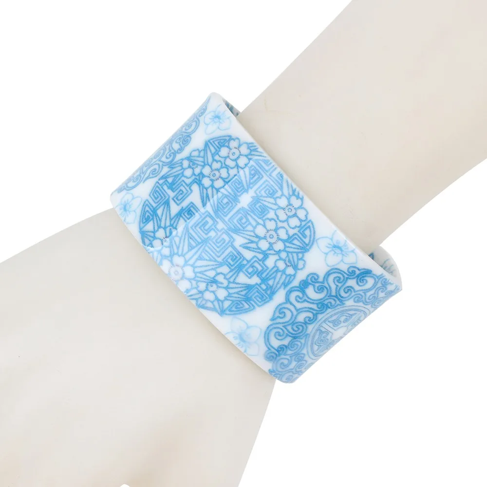 Bonsny Plastic Floral Chinese Blue And White Porcelain Paper-cut Bangles Bracelets Vintage Ethnic Jewelry For Women Girls Ladies | Украшения