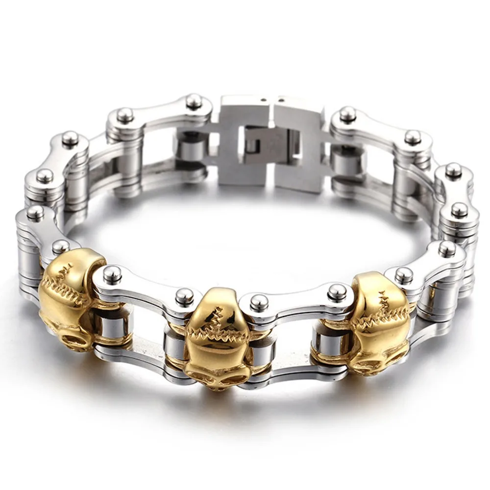 

Vintage Stainless Steel Silver Color And Gold Color Skeleton Skull Head Motorcycle Chain Jewelry Men's Bracelet Bangle 9" 22MM
