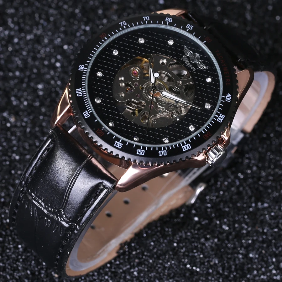 Роскошные Механические часы-скелетоны WINNER 2016 с отверстием кожаный ремешок