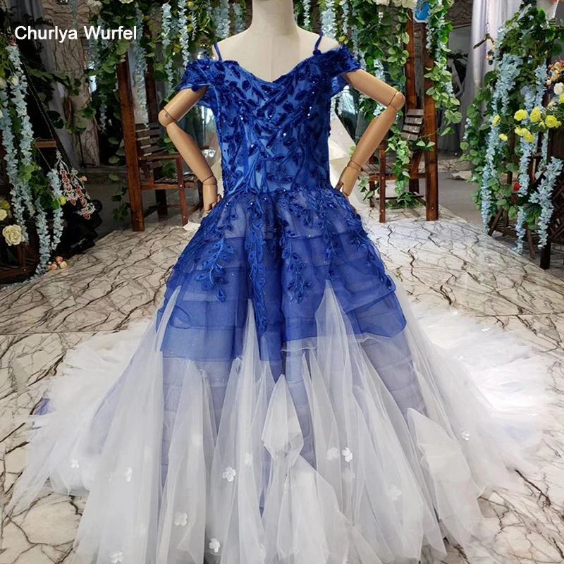 Синее Пышное Платье для девочек с открытыми плечами и аппликацией из бисера