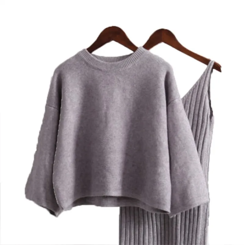 

Women Pullovers Knitted Sweater Sleeveless Dress Two Piece Set Casual O-neck Long Sleeve Blouses Vestido Female Suit