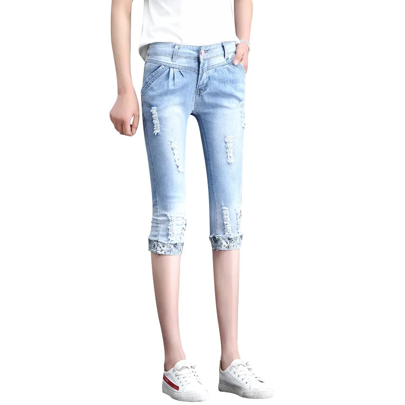 2019 эластичные Высокая талия Сексуальная сломанной рваные джинсовые Капри Модные