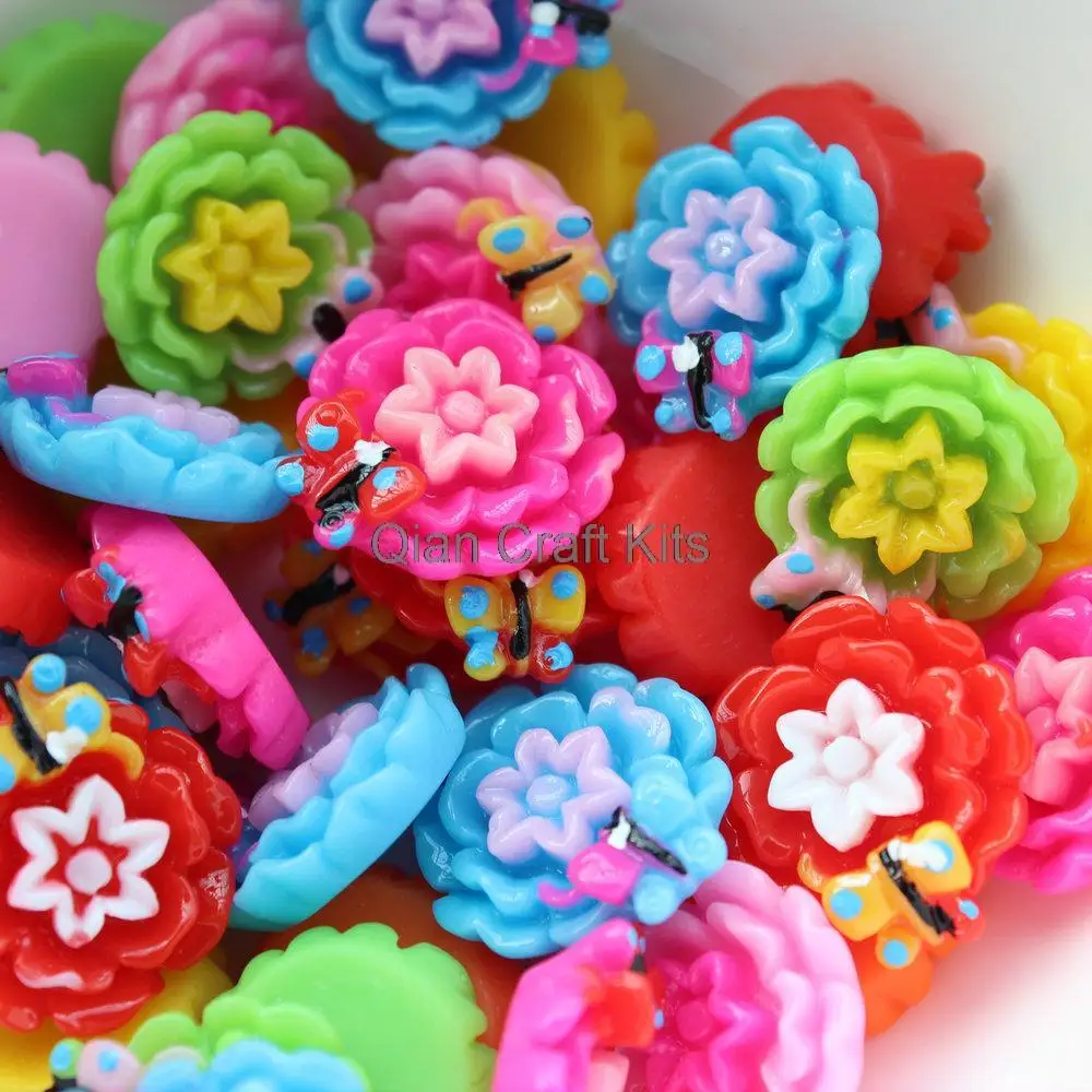 

200pcs mixed colors flower with Butterflies on Cabochon Beads Resin Flower 22mm No Holes flatback