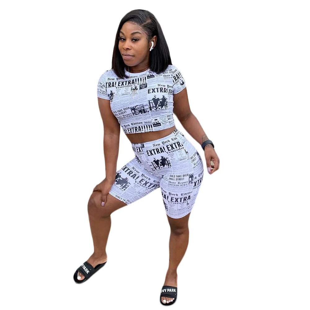 2019 Женская Летняя мода газета письмо футболка и шорты костюм модный спортивный