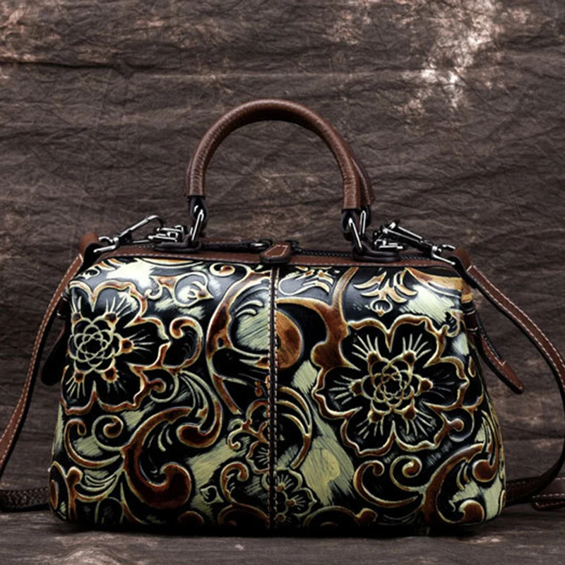 Women Genuine Leather Bag Messenger Shoulder Handbag Retro Real Cowhide Cross Body Tote Purse Embossed Top Handle Pillow Bags - Цвет: Yellow Coffee