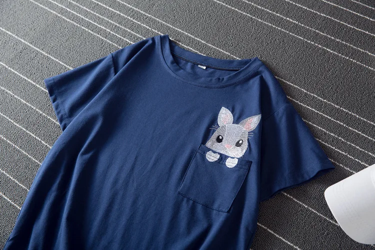 Модные женские топы из хлопка и модала Harajuku, футболка с вышитым карманом Rabit и круглым вырезом, кавайные летние футболки, футболка с изображением кролика, мягкая тонкая футболка
