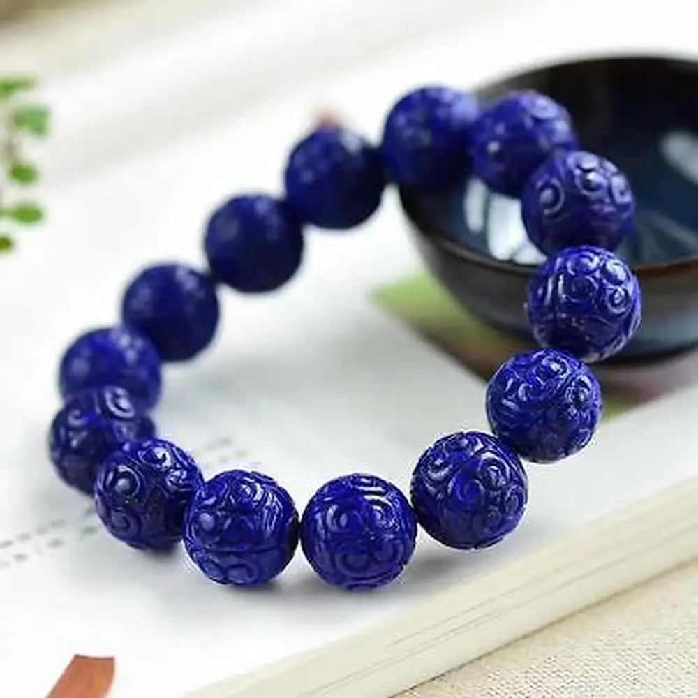 

Natural Lapis Lazuli Royal Blue Carved Round Beads Bracelet 15mm For Gemstone Lapis Bless Healing Stone Women Men AAAAA