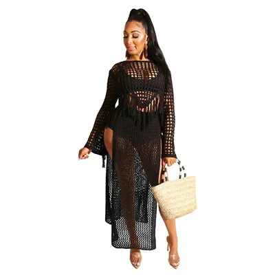 black two piece set Adogirl выдалбливают трикотажные комплект из двух частей платье с длинным рукавом кисточкой укороченный топ с высоким разрезом макси юбка Повседневная Женская одежда Пляжная одежда - Цвет: black two piece set