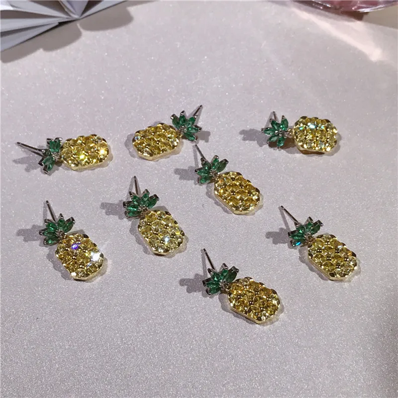 2017 new fashion S925 sterling silver exquisite craft pineapple earrings lovely yellow zircon stone fruit women's | Украшения и