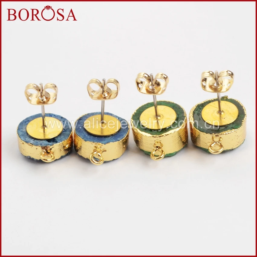 BOROSA серьги Друза золотого цвета 12 мм зеленый и синий круглый кристалл Druzy