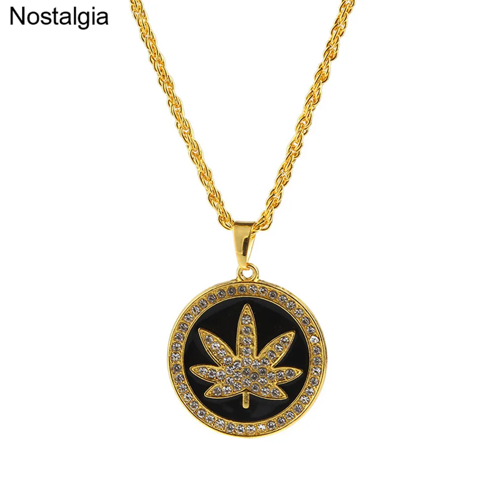 

Nostalgia Maple Leaf Pendant Necklace Chain Iced Out Paved Rhinestones Bling Bling Jewelry