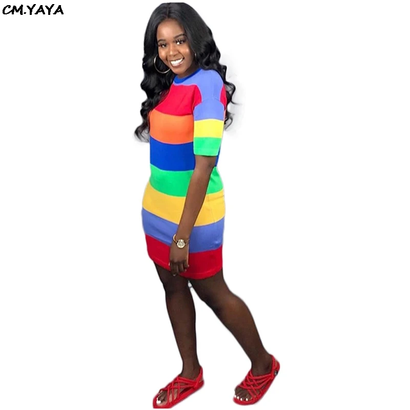 2019 new women summer colorful stripes o-neck short sleeve above knee mini dress fashion classic casual dresses GLLBXZ6140 | Женская