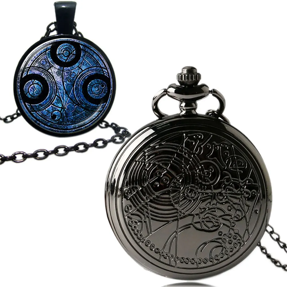 3pcs/Set Watch Sets Vintage Black Time Lord Seal Quartz Pocket Watch Necklace Fob Chain Box Christmas Gifts for Men Women Kids