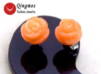 qingmos pink 8mm hand carved rose earrings for women with natural coral with stering silver 925 stud jewelry ear250