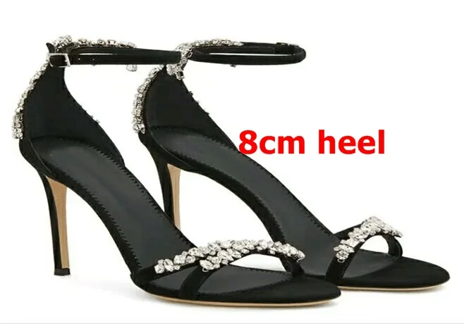 8cm heel ALMUDENA/блестящие босоножки на высоком каблуке с украшением в виде кристаллов; Свадебная обувь из черной замши серебристого цвета; блестящая СТРАЗА; туфли-лодочки на тонком каблуке с пряжкой и ремешком - Цвет: 8cm heel
