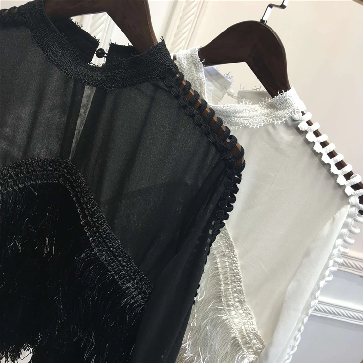 Женская шифоновая блузка с кисточками черный и белый джемпер круглым вырезом