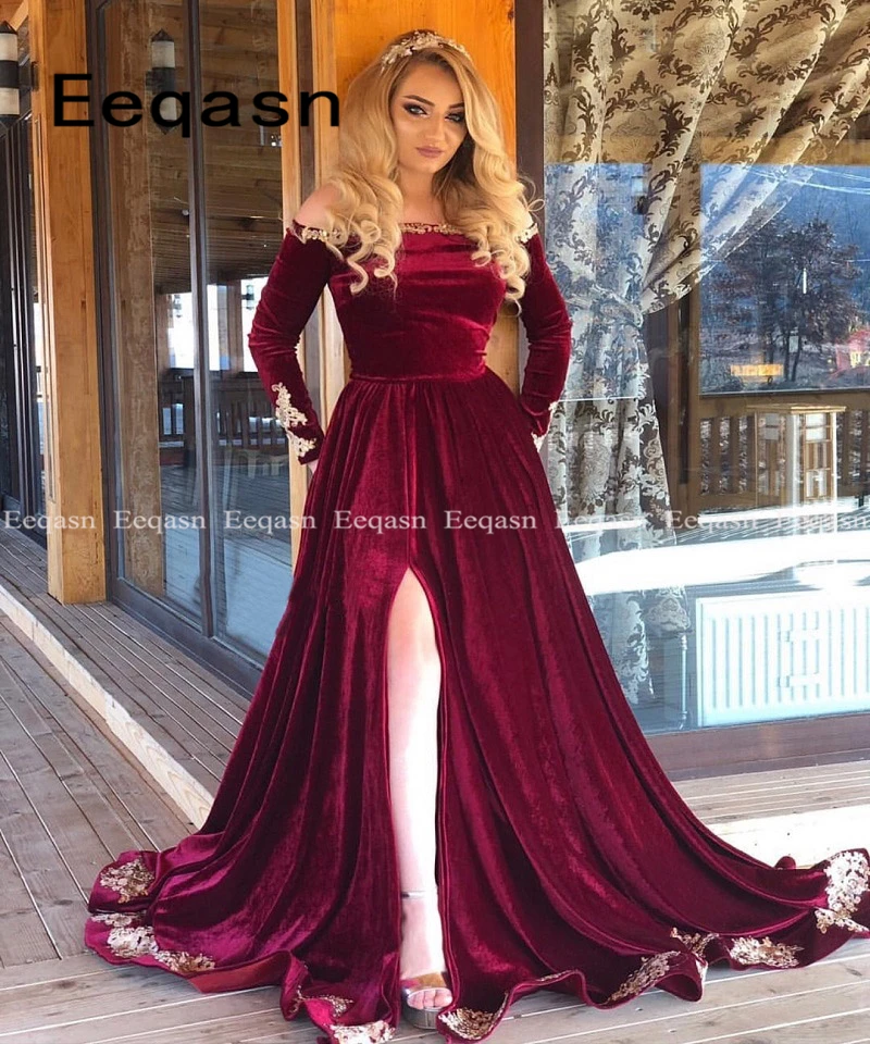 Бархатное вечернее платье цвета Бургунди с длинным рукавом 2020 платья для