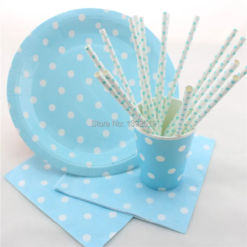 

Free Shipping 100sets/416pcs Baby Blue Children Birthday Party Fovor Polka Dot Party Tableware Straws Plates Cups Napkins
