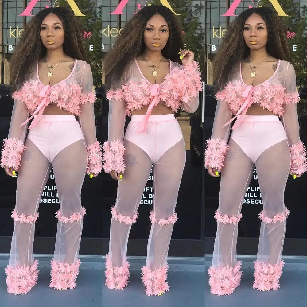 

Adogirl Flowers Applique Sheer Mesh Two Piece Set Front V Neck Long Sleeve Blouse Crop Top + Foot Cut Flare Pants Women Suits