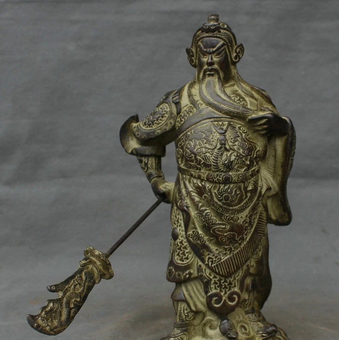 10 &quotКитайский чистый Бронзовый Стенд Guan Gong Yu воин Дракон держать мечи статуя W |