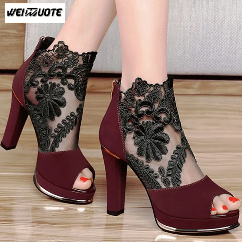 WEINUOTE Women Sandals New High-heeled Shoes Coarse Gauze Lace Fish Mouth Sexy Peep Toe | Обувь