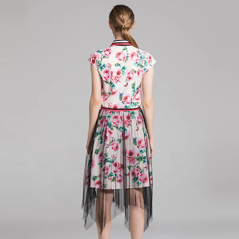 2018 Autumn Pretty Rose Print Women Sets High Quality Sweet Short Sleeve Turn-down Collar Shirts +Mesh Skirts Floral Suits | Женская