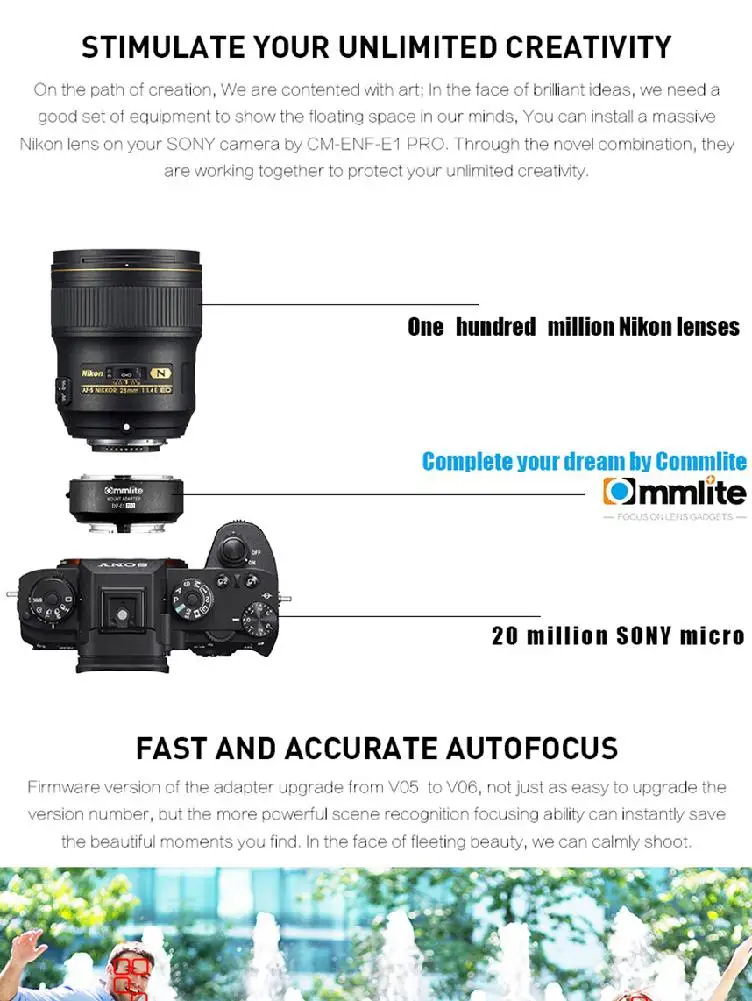 Commlite CM-ENF-E1 PROAuto Focus адаптер для объектива Nikon F только для sony E Mount A7R2 A7II A6300 A6500 A7R Mark II r25