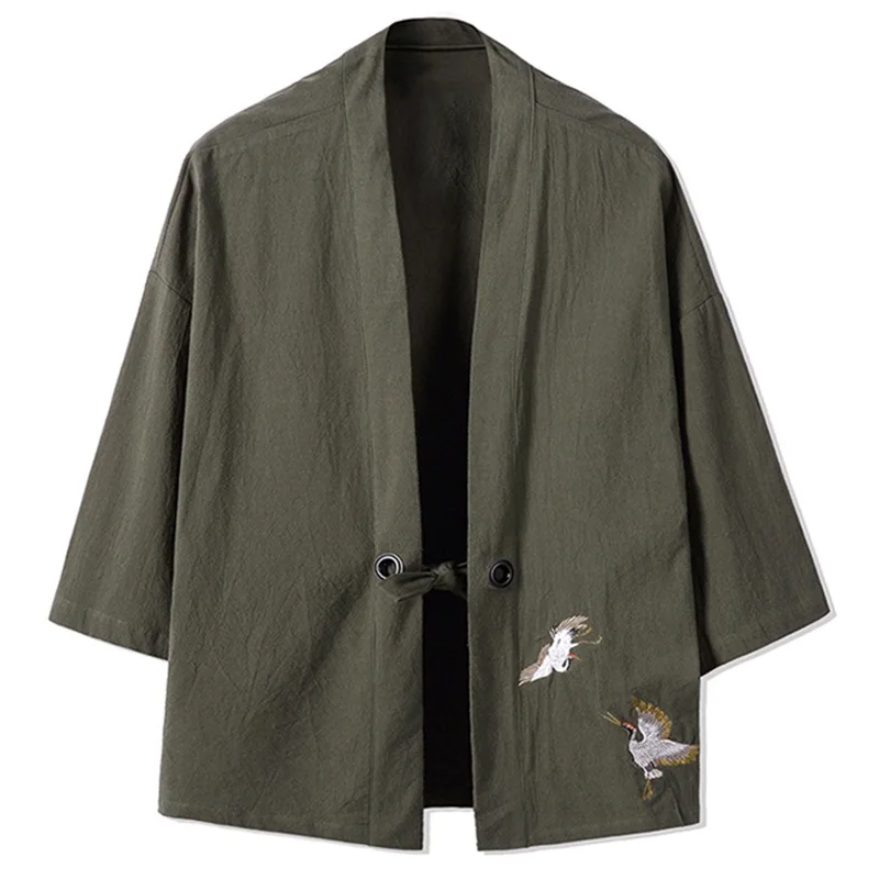 Японский стиль журавль вышивка мужская хлопковая и льняная кимоно куртка тонкое