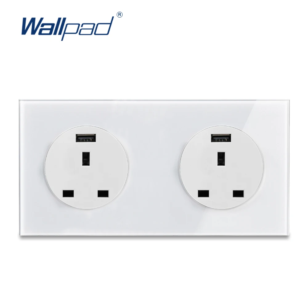 

Wallpad L6 UK BS Twin 13A Plug Wall Socket Power Outlet With Double 2.1A USB Charging Ports, White Tempered Glass Panel 172*86mm