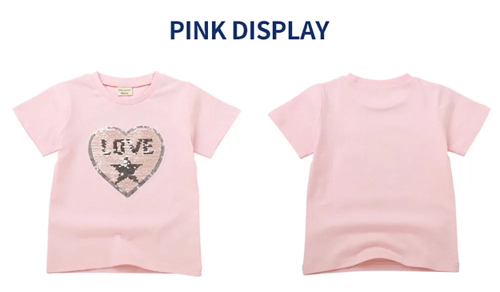 Love Heart Magic Discoloration Sequins Children T-shirt Boy Girls Short Sleeve Sequin Reversible T shirt Baby Cotton Tops | Детская