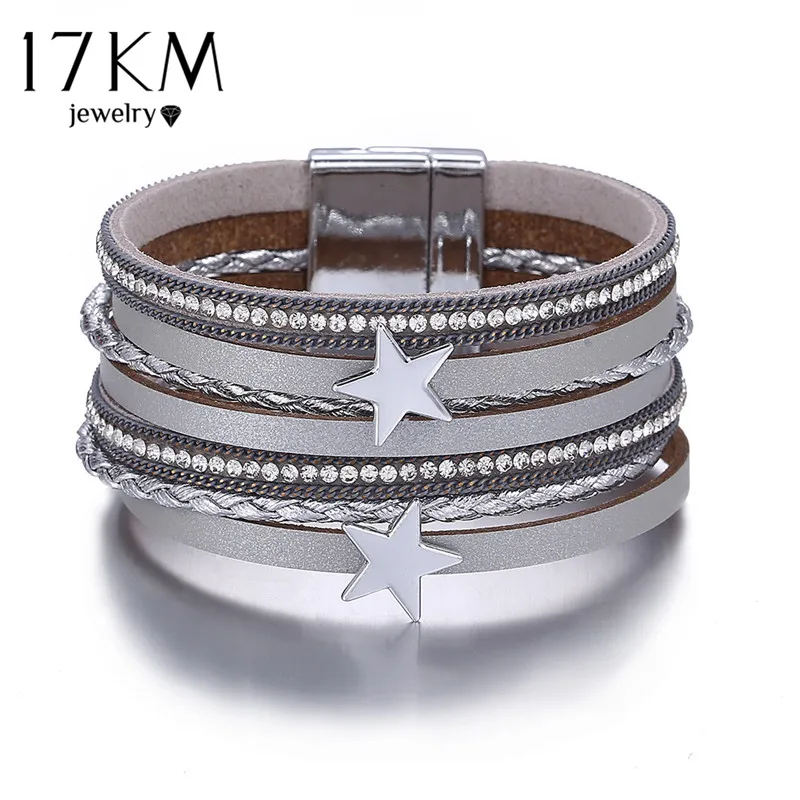 17 км 3 цвета Винтаж Star Leather Подвески Браслеты для Для женщин Для мужчин несколько слоев Магнитная Обёрточная бумага Браслеты Модные украшения женские браслеты на руку