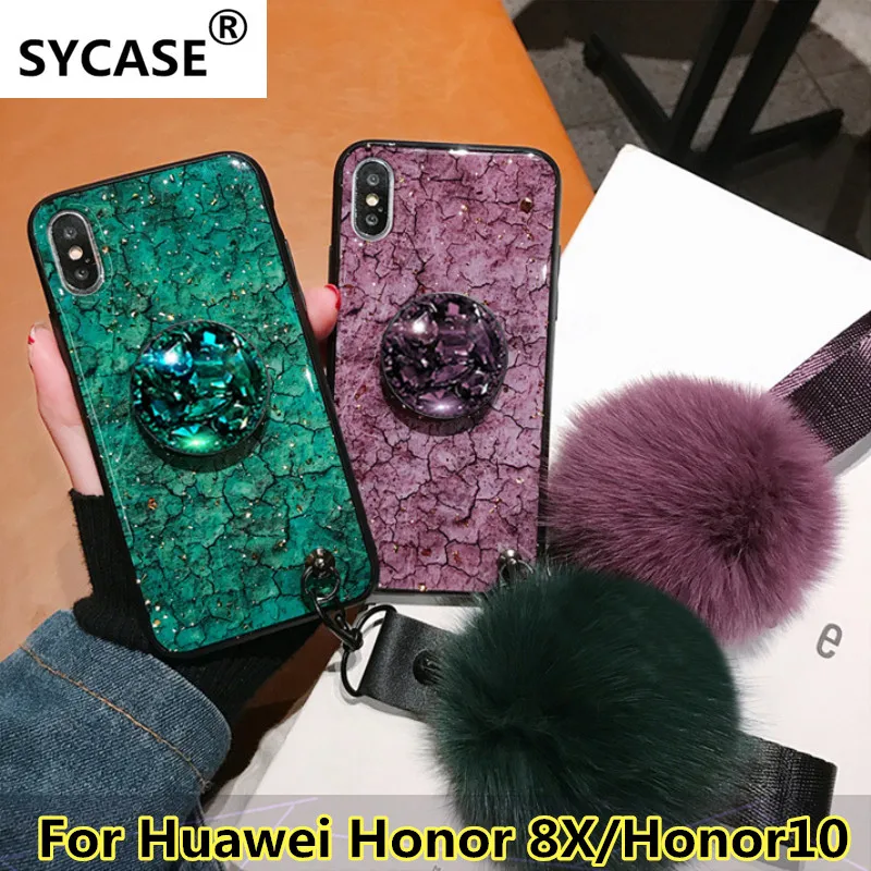 SYCASE Luxury Epoxy Fashion Red Green Purple phone case For Huawei Honor 8X 10 caseRhinestone Stand Hair Ball Soft Cover |