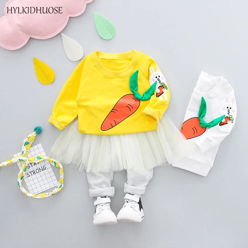 HYLKIDHUOSE/Коллекция года, весенние комплекты одежды для маленьких девочек хлопковые костюмы для малышей футболка с рисунком кролика+ кружевные штаны повседневные Детские костюмы