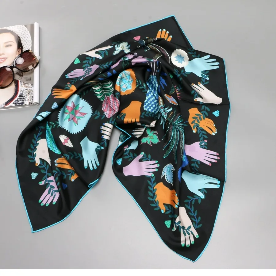 

35" 100% Silk Twill Scarf Hijab European & American Fashion Print Women's Head Scarves Large Square Silk Scarfs Shawl Foulard