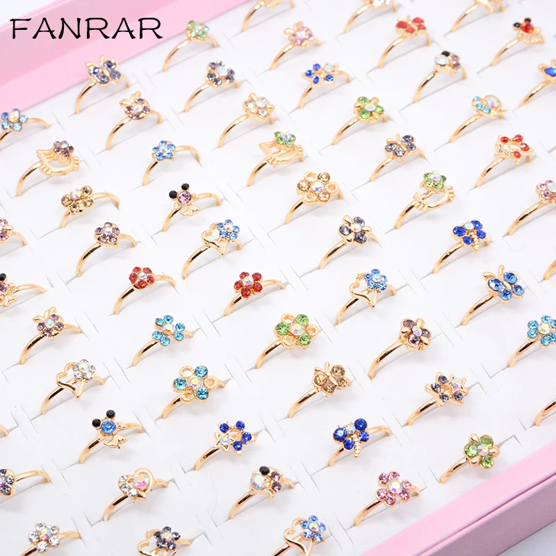 Оптовая продажа 100 шт. Смешанные Цветочные золотые смешанные стили Красочные Кристаллы Регулируемые кольца для малышей детей девочек Подарки На вечевечерние Витрина коробка