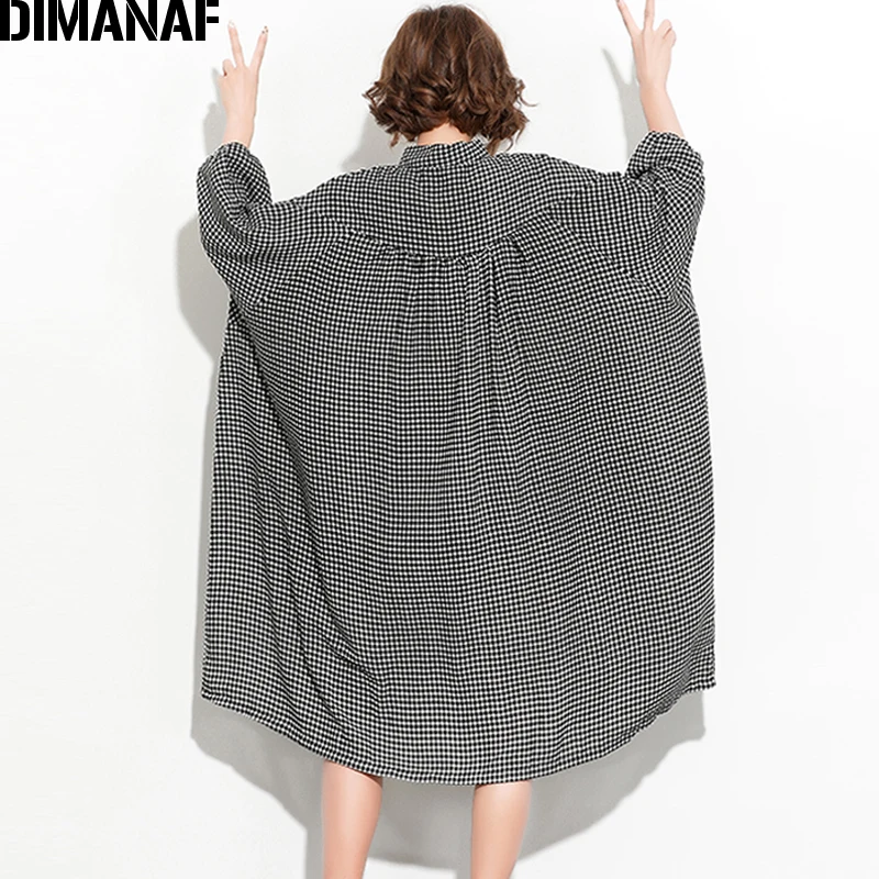 DIMANAF Women Dress Summer Oversize Femme Lady Batwing Vestido Vintage Black Plaid Large Big Clothing Loose Oversized 150KG Fit | Женская