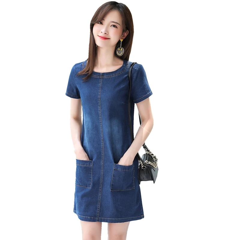 

2019 New Summer Women Dresses Fashion lady Slim Short Sleeve Denim Dress Plus Size Casual O-neck Pocket Dress Female Mini Dress