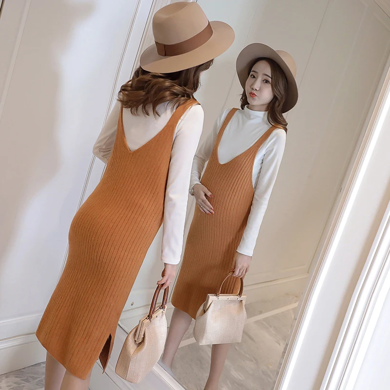 2018 Autumn Winter Postpartum Women Breastfeeding Cotton T-shirt+thickening Knitted Sundress Twinset Lactation Clothes | Мать и ребенок