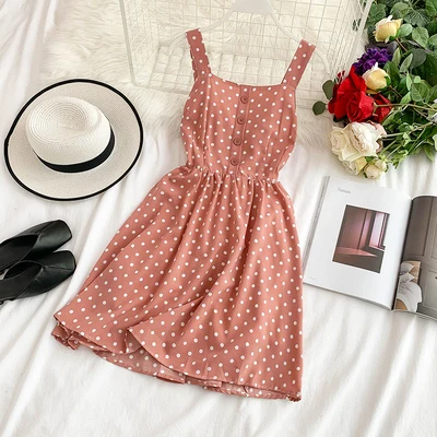 smalldot pink ALPHALMODA летнее женское популярное платье в горошек на бретелях с эластичной талией и высокой талией, короткое летнее шифоновое платье для отдыха - Цвет: smalldot pink