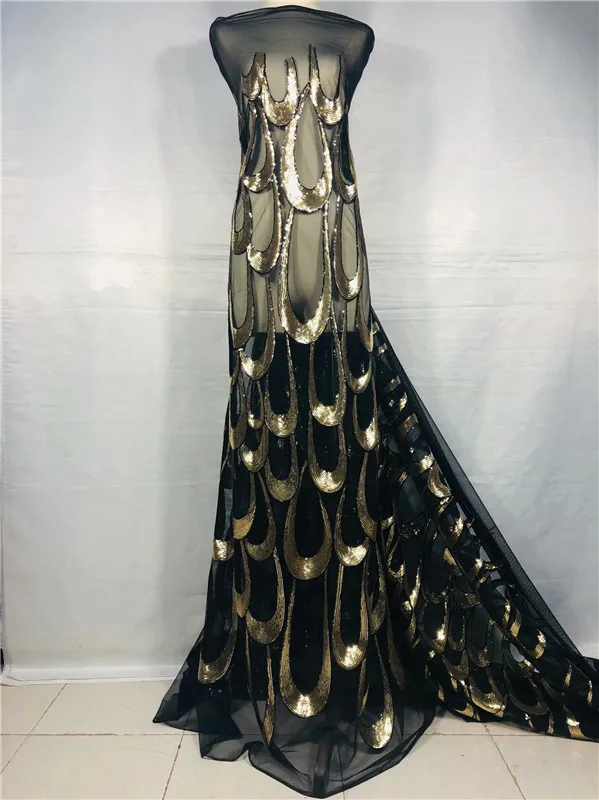 

Sequined African French Mesh Net Lace Fabric For India Evening Party Dress Fabrics 2019 New Nigeria Sequins Voile Black Gold