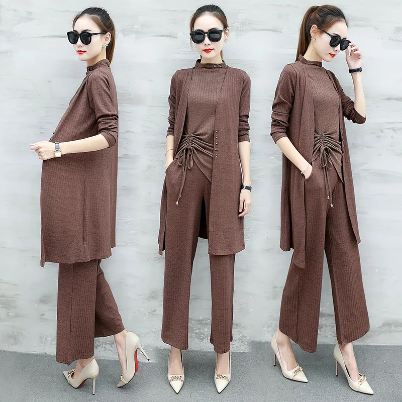 

high quality Women's Autumn Winter Pants suit 2018 3 piece sets women knit wide legg pant piece set women sets