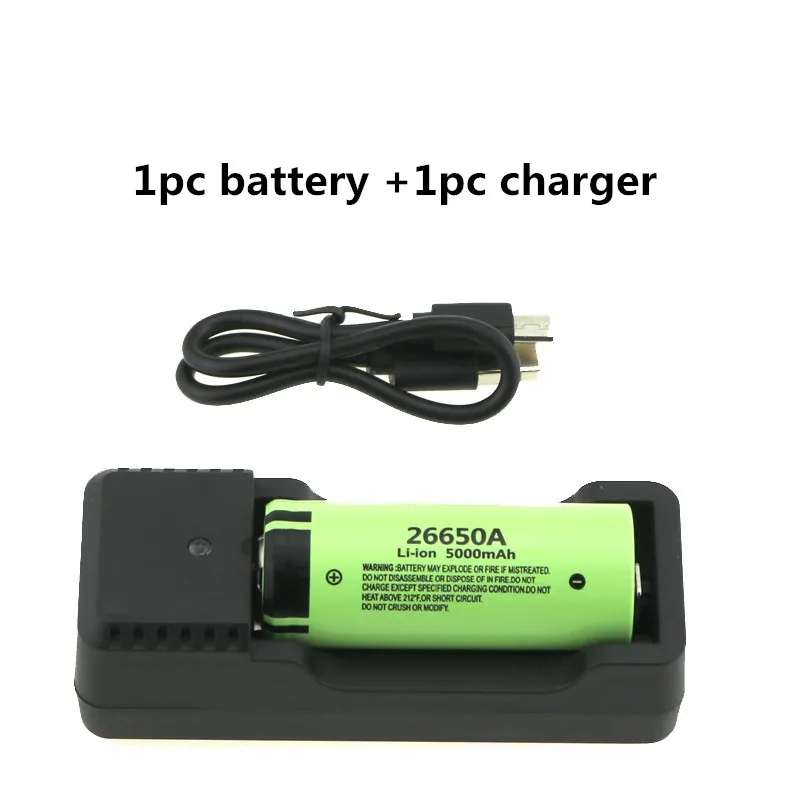 1 battery 1 charger 26650A литий-ионный аккумулятор 5000 мАч перезаряжаемый аккумулятор 3,7 в 26650 литий-ионный аккумулятор Номинальный ток разряда Макс 20A батареи Универсальное зарядное устройство - Цвет: 1 battery 1 charger