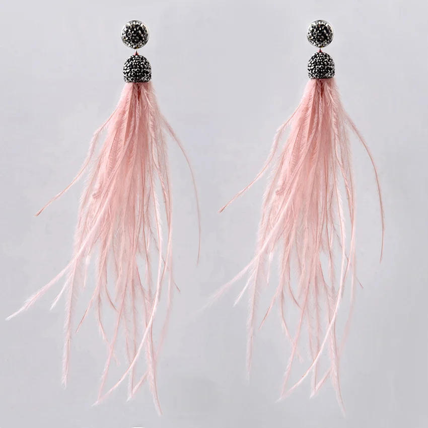 Bohemian Genuine Ostrich Feather Earrings Long Crystal Tassel Dangle Drop for Women Wedding Jewelry Statement | Украшения и