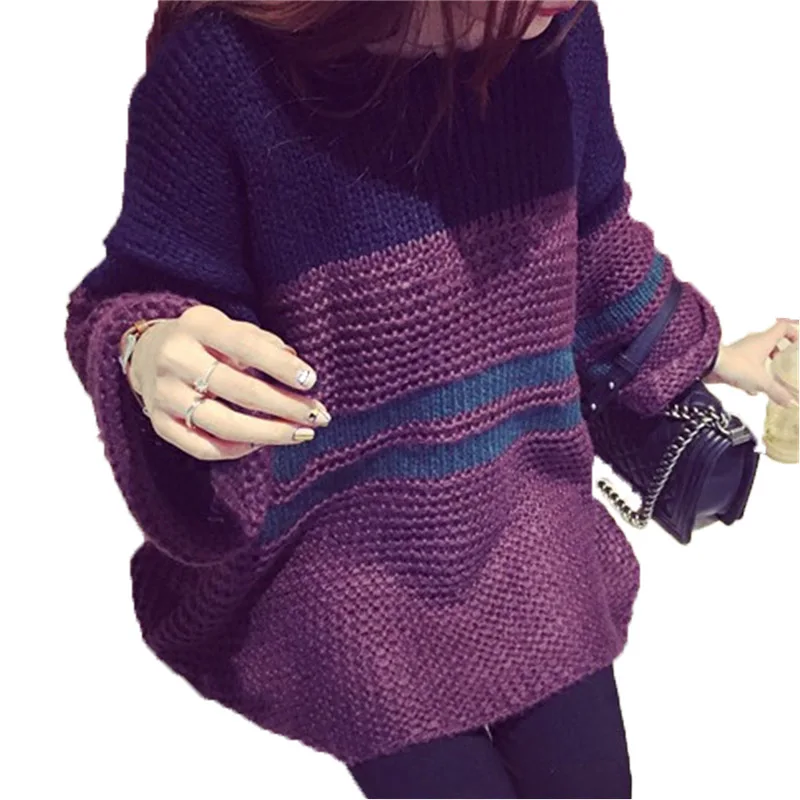 

Повседневный Свободный вязаный свитер в стиле пэчворк; сезон осень-зима; Толстый джемпер; топы для женщин; пуловер; длинные Полосатые свитер...