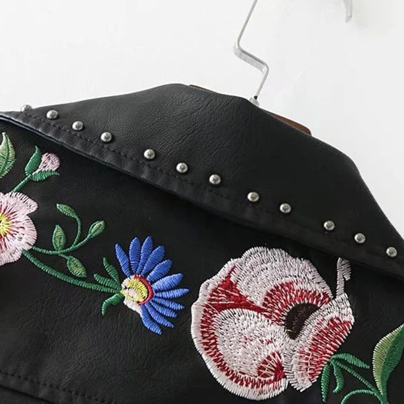 2019 PU Базовая куртка пальто женское из искусственной кожи Повседневная Вышивка