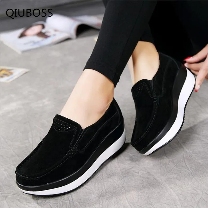 Черный QIUBOSS/; элегантные женские замшевые мокасины на плоской платформе; женские мокасины без застежки; женская повседневная обувь синего цвета; Q01 - Цвет: Черный